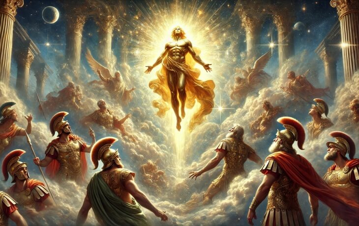 Aeneas, tanrıların iradesiyle ölümsüzlüğe ulaşarak Tanrı Jupiter Indiges olarak göklere yükseliyor.